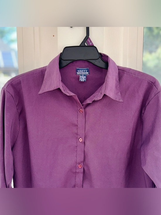 Uniti Casual Tops - UNITI Women Plus Size 1X Stretch Button Up Shirt Plum Purple Roll Tab 3/4 Sleeve